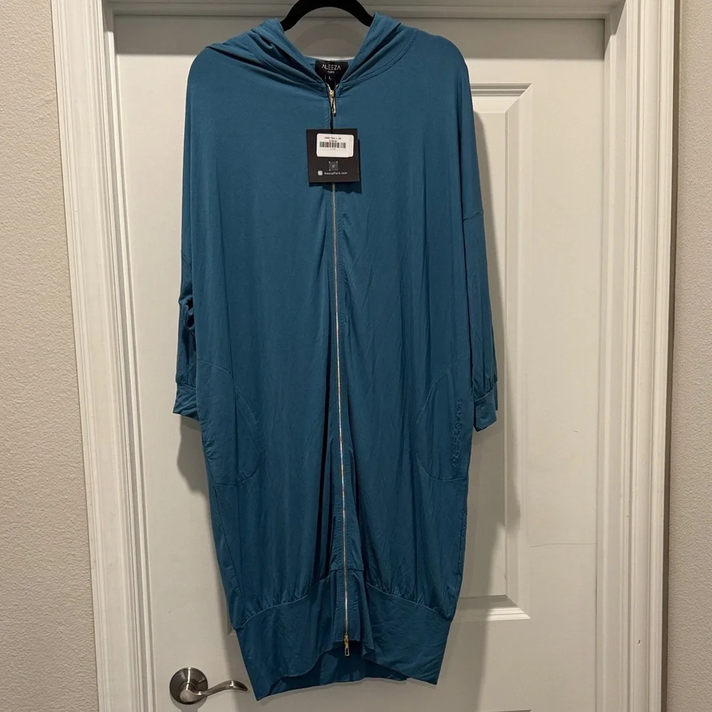NWT Aleeza Paris Teal 39” Hooded Lounge Dress Size Large (oversized) - Picture 2 of 8